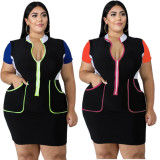 Short Sleeve Zipper Plus Size Bodycon Dress with Pockets