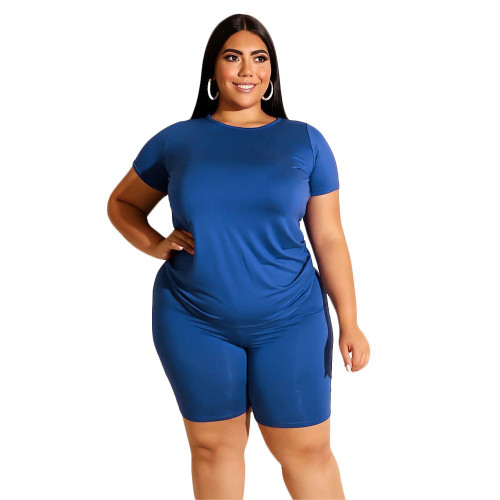 Plain Blue Casual Plus Size Shorts Set
