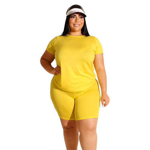 Solid Yellow Casual Plus Size Shorts Set
