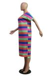 Colorful Striped V Neck Short Sleeve Slit Loose Casual Dress