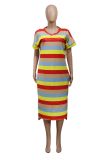 Colorful Striped V Neck Short Sleeve Slit Loose Casual Dress