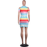 Rainbow Striped Cold Shoulder Bodycon Dress