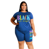 Letter Print Blue Plus Size Two Piece Shorts Set