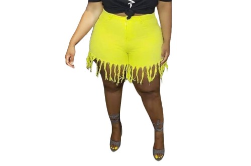 Plus Size Stylish Yellow Fringe Denim Shorts