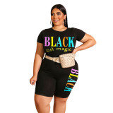 Letter Print Black Plus Size Two Piece Shorts Set