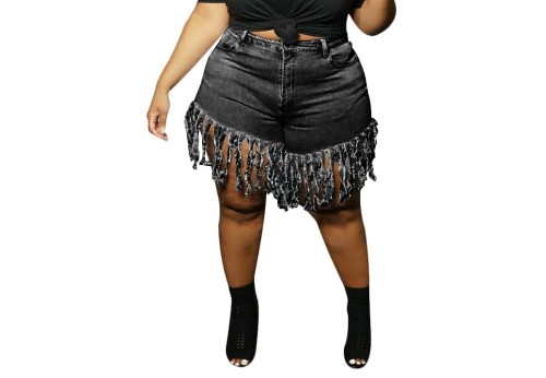 Plus Size Stylish Black Fringe Denim Shorts