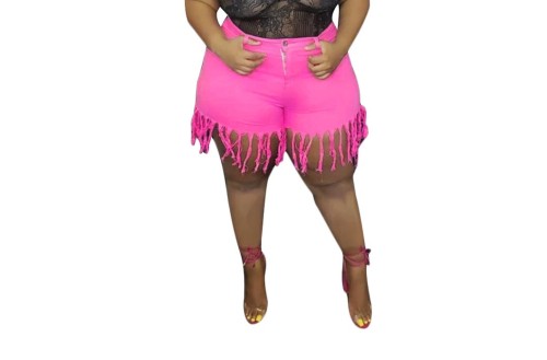Plus Size Stylish Hot PInk Fringe Denim Shorts