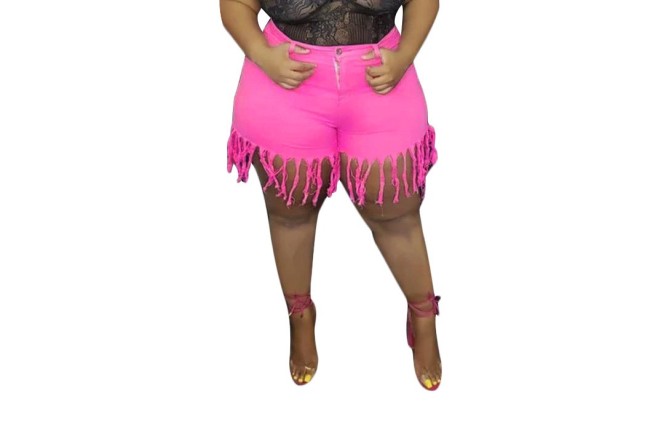 Plus Size Stylish Hot PInk Fringe Denim Shorts
