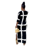 Black White 3/4 Sleeve Slit Long Dress