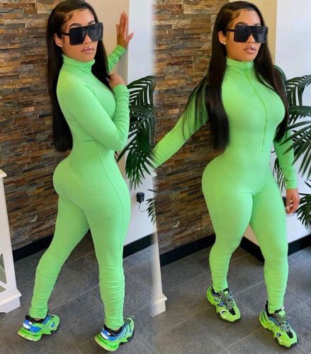 Green Ribbed High Neck Ruched Detail Bodycon Jumpsuit