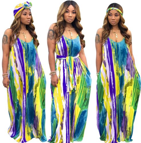 Multicolor Print V Neck Straps Loose Maxi Dress