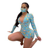 Ice Cream Print Blue Plunge Sexy Romper