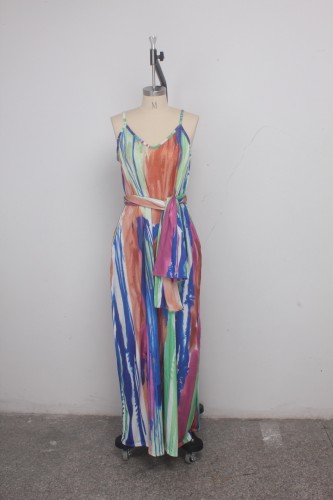 Colorful Print V Neck Straps Loose Maxi Dress