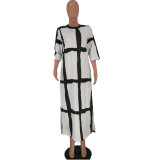 White Black 3/4 Sleeve Slit Long Dress
