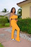 Sexy Yellow Bandeau Top & Ruched Pants Set