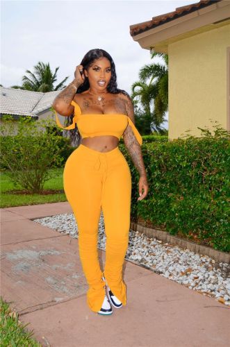 Sexy Yellow Bandeau Top & Ruched Pants Set