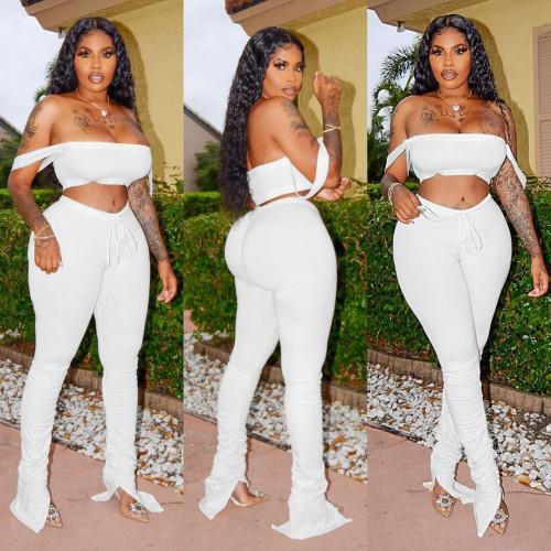 Sexy White Bandeau Top & Ruched Pants Set