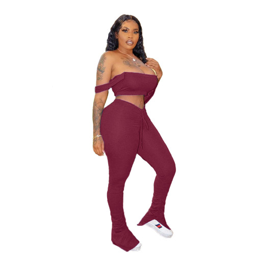 Sexy Burgundy Bandeau Top & Ruched Pants Set