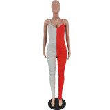 Sexy Orange & Grey Contrast Ruched Tight Jumpsuit