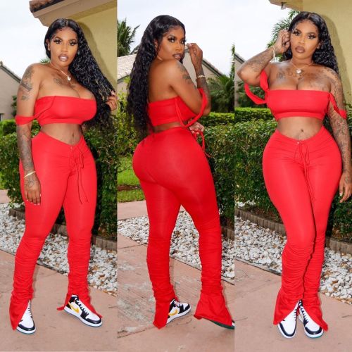 Sexy Red Bandeau Top & Ruched Pants Set