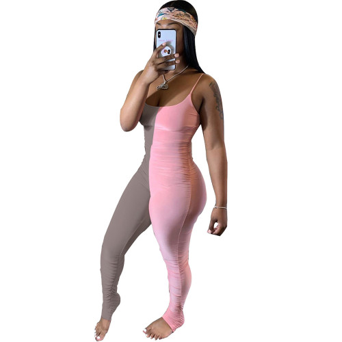 Sexy Pink & Grey Contrast Ruched Tight Jumpsuit