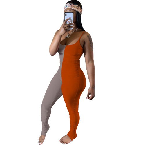 Sexy Orange & Grey Contrast Ruched Tight Jumpsuit