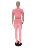 Pink High Waist Ruched Detail Two Piece Pants Set