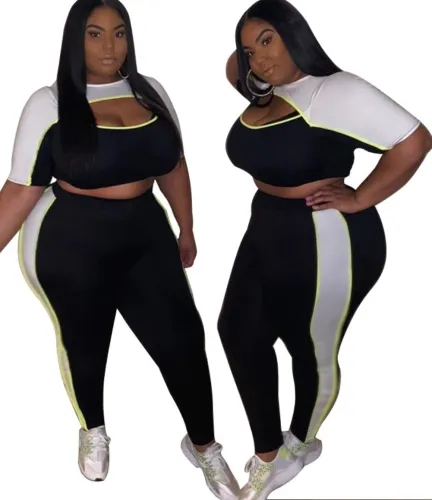 Plus Size Cutout Colorblock Two Piece Pants Set