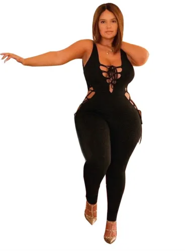 Plus Size Black Lace Up Hollow Out Sexy Jumpsuit