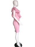 Plus Size Pink Ruffle Trim Office Sheath Dress