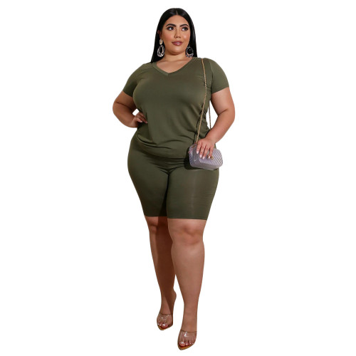 Plus Size Army Green V Neck Simple Two Piece Shorts Set
