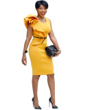 Plus Size Yellow Ruffle Trim Office Sheath Dress