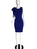 Plus Size Blue Ruffle Trim Office Sheath Dress