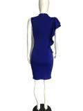 Plus Size Blue Ruffle Trim Office Sheath Dress