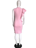 Plus Size Pink Ruffle Trim Office Sheath Dress