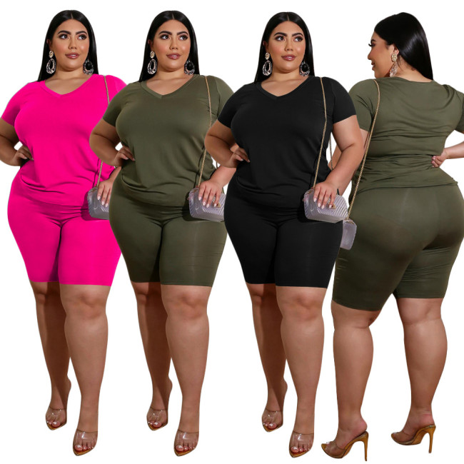 Plus Size Solid Black V Neck Simple Two Piece Shorts Set