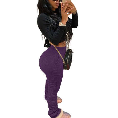 Purple Stretchy High Waist Ruched Pants