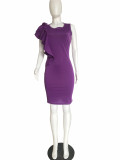 Plus Size Purple Ruffle Trim Office Sheath Dress