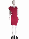 Plus Size Hot Pink Ruffle Trim Office Sheath Dress
