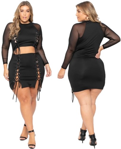 Plus Size Black Sexy Eyelet Lace Up Club Dress