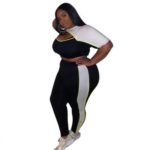 Plus Size Cutout Colorblock Two Piece Pants Set