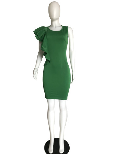 Plus Size Green Ruffle Trim Office Sheath Dress