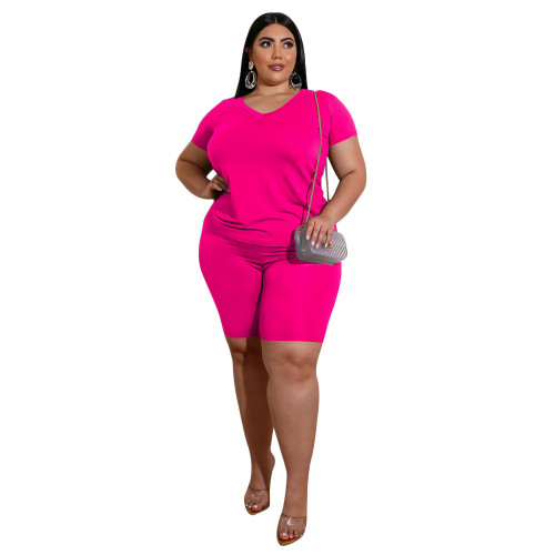Plus Size Hot Pink V Neck Simple Two Piece Shorts Set