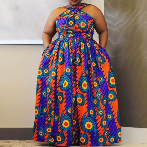 Plus Size African Print Cross Neck Maxi Dress