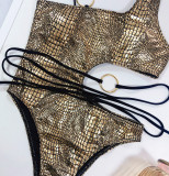 Gold Snakeskin Cut Out O-Ring One Piece Swimwear