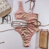 Pink Snakeskin Cut Out O-Ring One Piece Swimwear