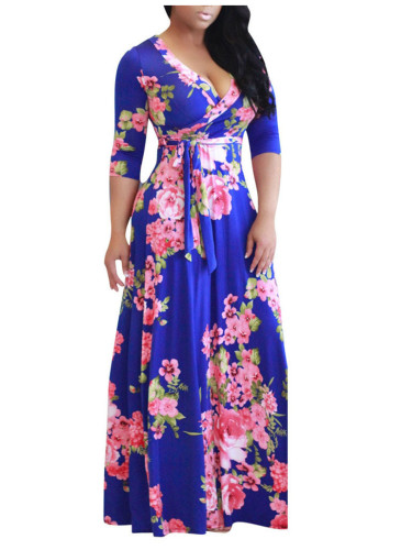 Plus Size Blue Floral Print Maxi Dress S-5XL