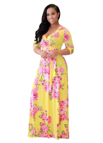 Plus Size Yellow Floral Print Maxi Dress S-5XL