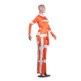 Orange & White Waist Tie Fit Top & Flare Pants Set
