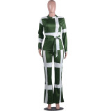 Green & White Waist Tie Fit Top & Flare Pants Set
